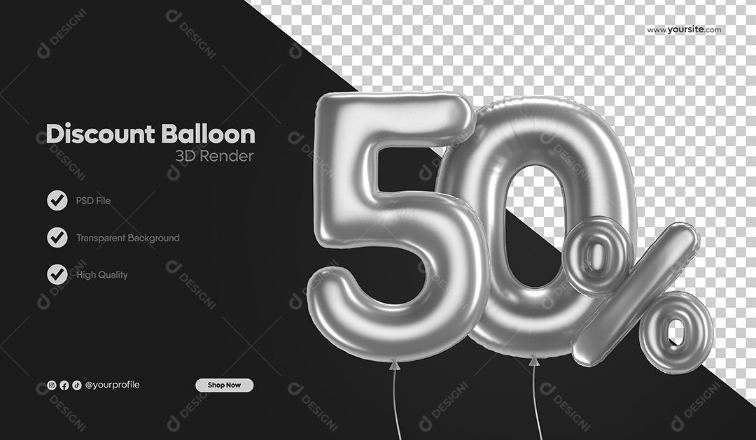 Balão de Desconto Número 3D 50% Por Cento Cinza Elemento Para Composição PSD