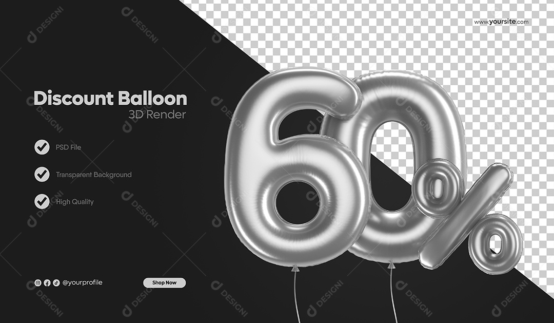Balão de Desconto Número 3D 60% Por Cento Cinza Elemento Para Composição PSD