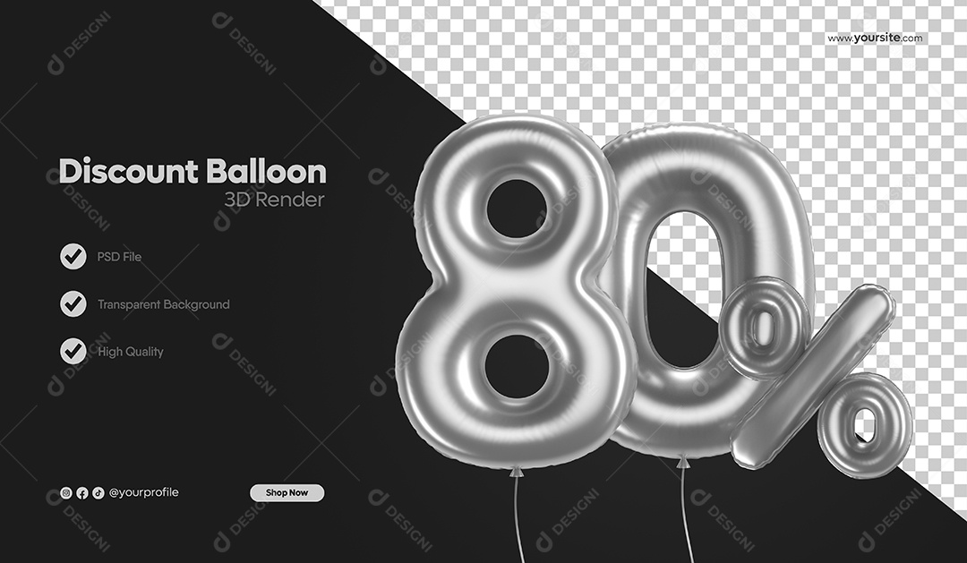 Balão de Desconto Número 3D 80% Por Cento Cinza Elemento Para Composição PSD