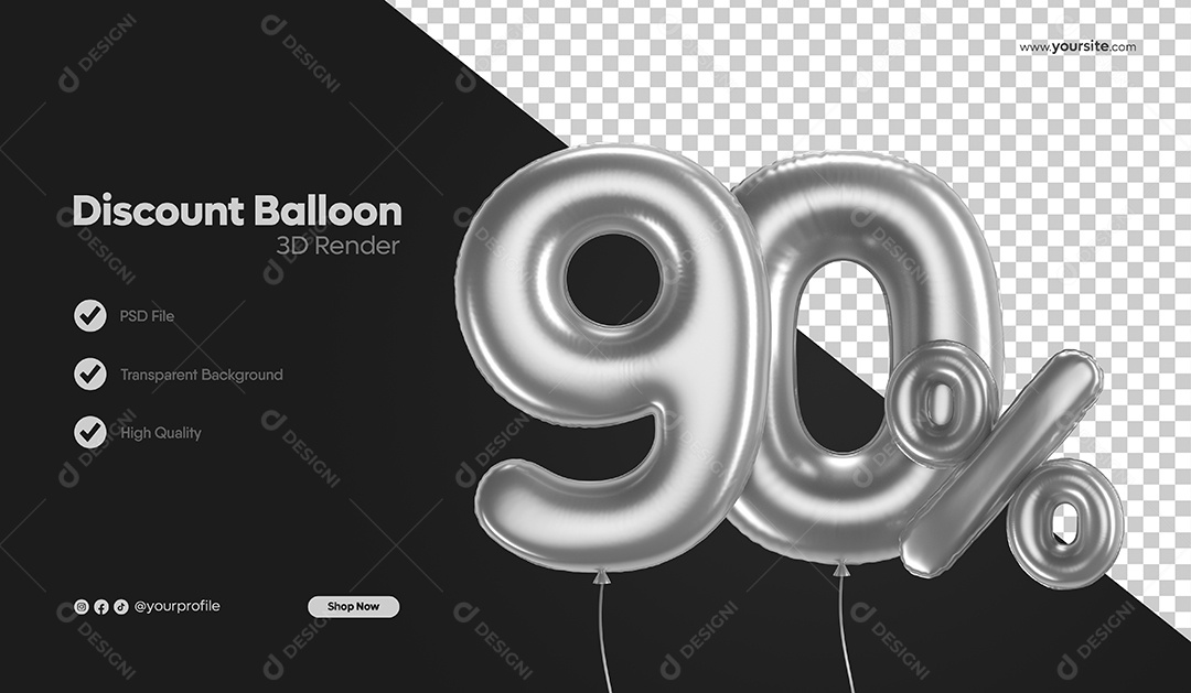 Balão de Desconto Número 3D 90% Por Cento Cinza Elemento Para Composição PSD