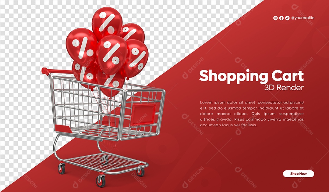 Carrinho de Compras com Balões Vermelhos de Porcentagem para Black Friday Elemento 3D PSD