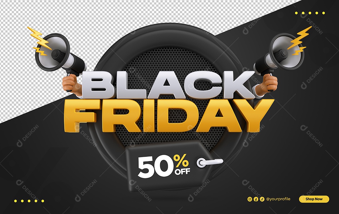 Black Friday 50% Off Selo 3D Preto para Composição PSD
