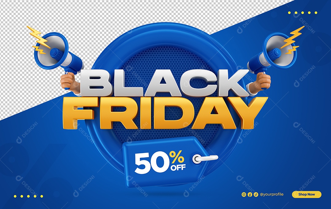 Black Friday 50% Off Selo 3D Azul para Composição PSD