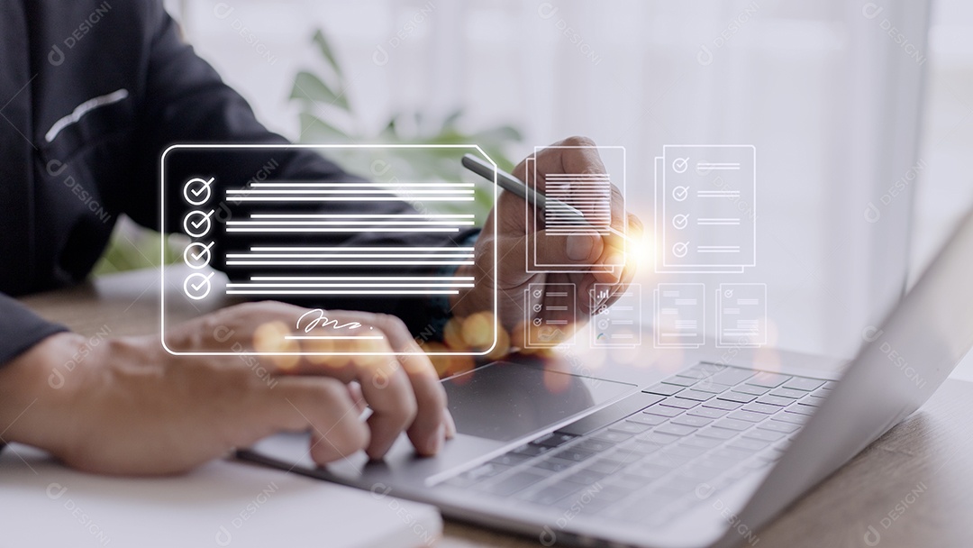 Assinatura eletrônica e conceito de escritório sem papel.