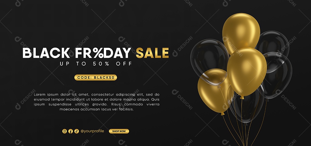 Balões Dourado e Preto para Black Friday Elemento 3D para Composição PSD