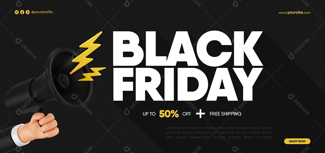 Banner Black Friday Até 50% Off Preto e Branco Social Media PSD Editável