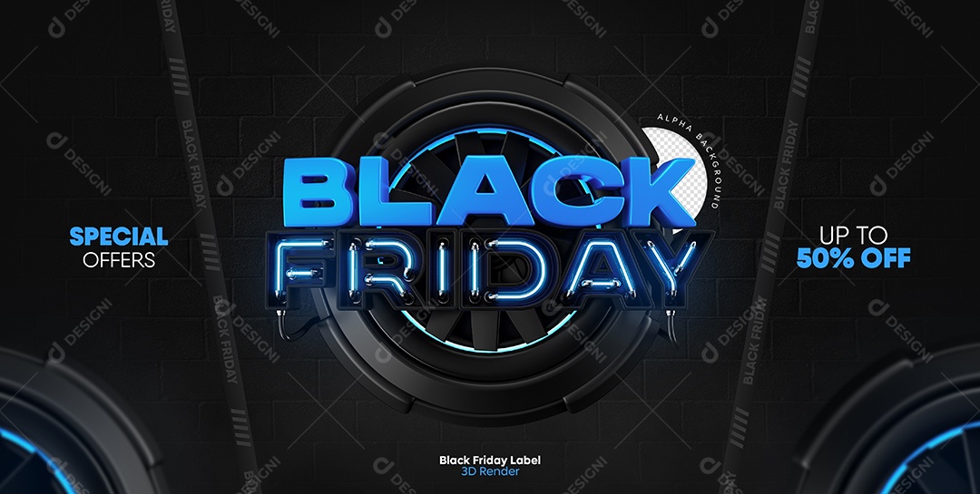 Black Friday Selo 3D Preto e Azul com Luz Neon para Composição PSD