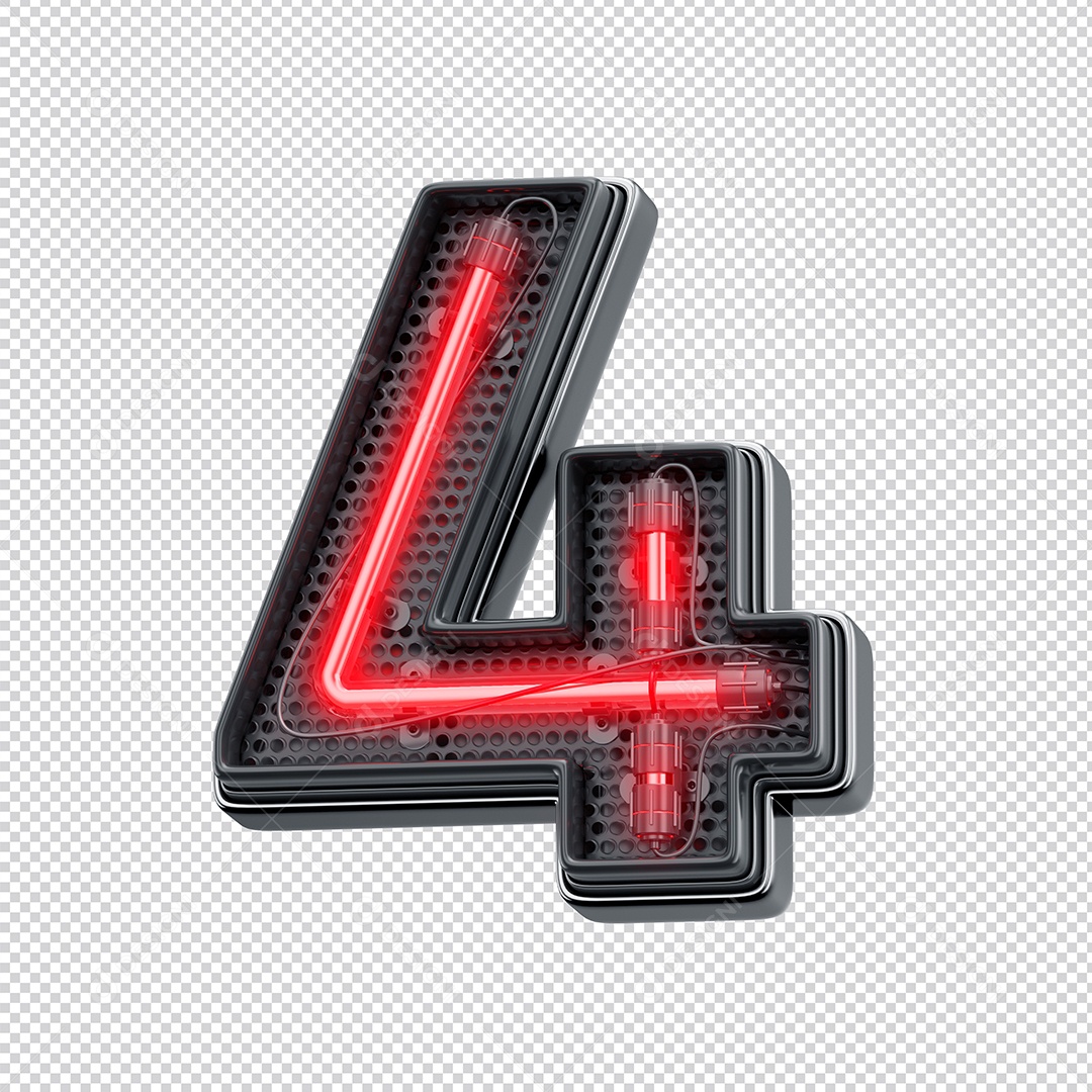 Número 3D 4 Com Forma Neon Vermelho  Para Composição PNG Trasparente Sem Fundo