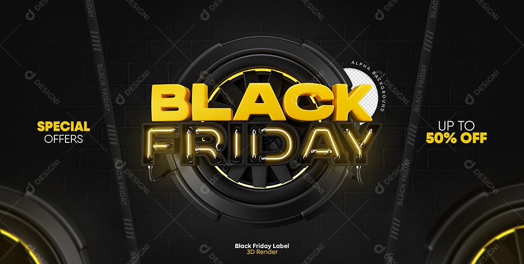 Black Friday Selo 3D Preto e Amarelo com Luz Neon para Composição PSD