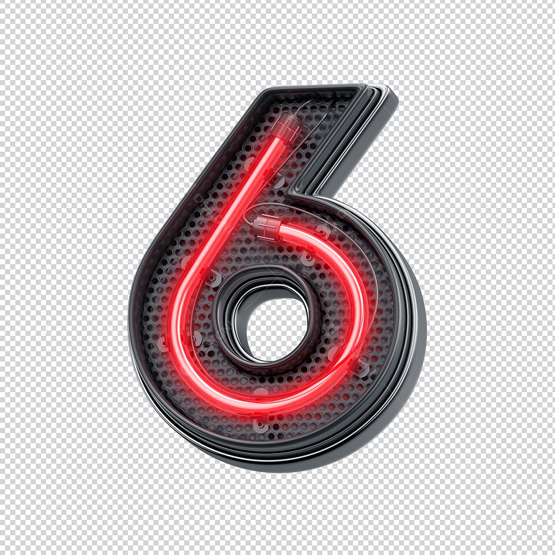 Número 3D 6 Com Forma Neon Vermelho  Para Composição PNG Trasparente Sem Fundo