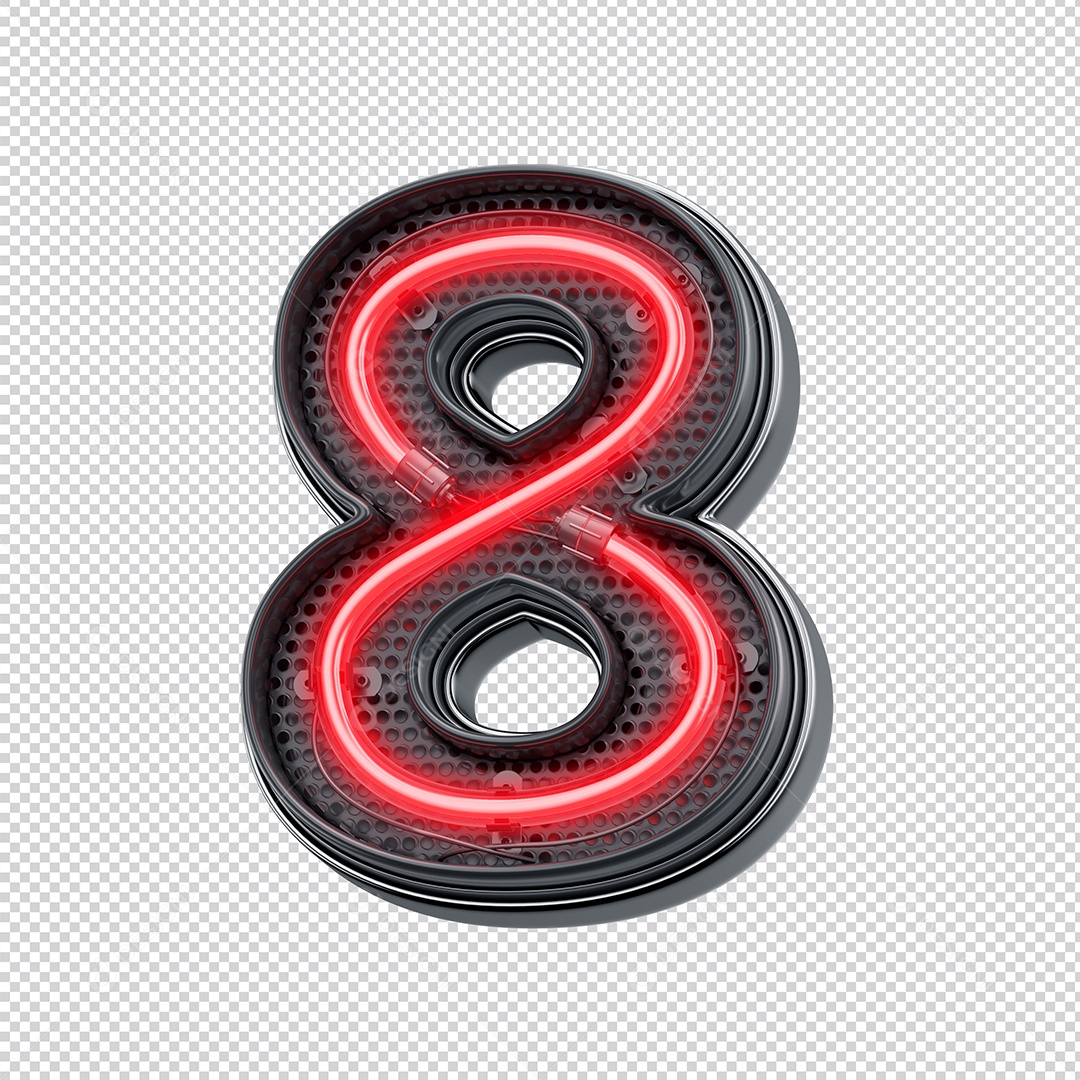 Número 3D 8 Com Forma Neon Vermelho  Para Composição PNG Trasparente Sem Fundo