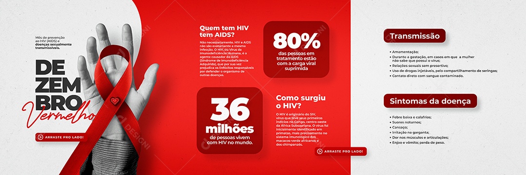 Mês de Prevenção ao HIV Aids Dezembro Vermelho Carrossel Social Media PSD Editável