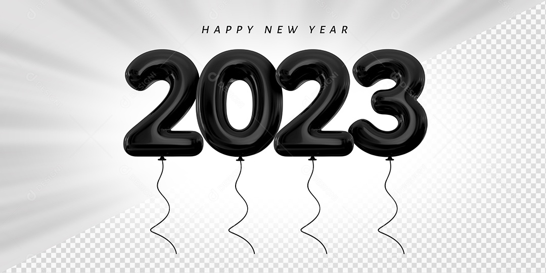 Balão Feliz Ano Novo Número 2023 Preto Elemento 3D para Composição PSD