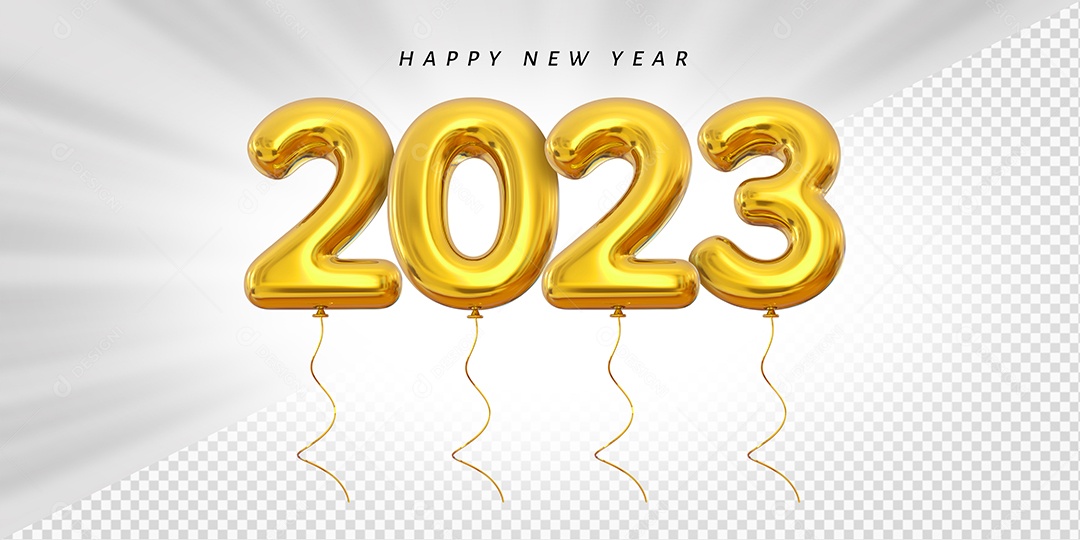 Balão Feliz Ano Novo Número 2023 Dourado Elemento 3D para Composição PSD