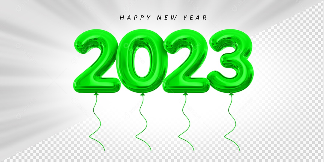 Balão Feliz Ano Novo Número 2023 Verde Elemento 3D para Composição PSD