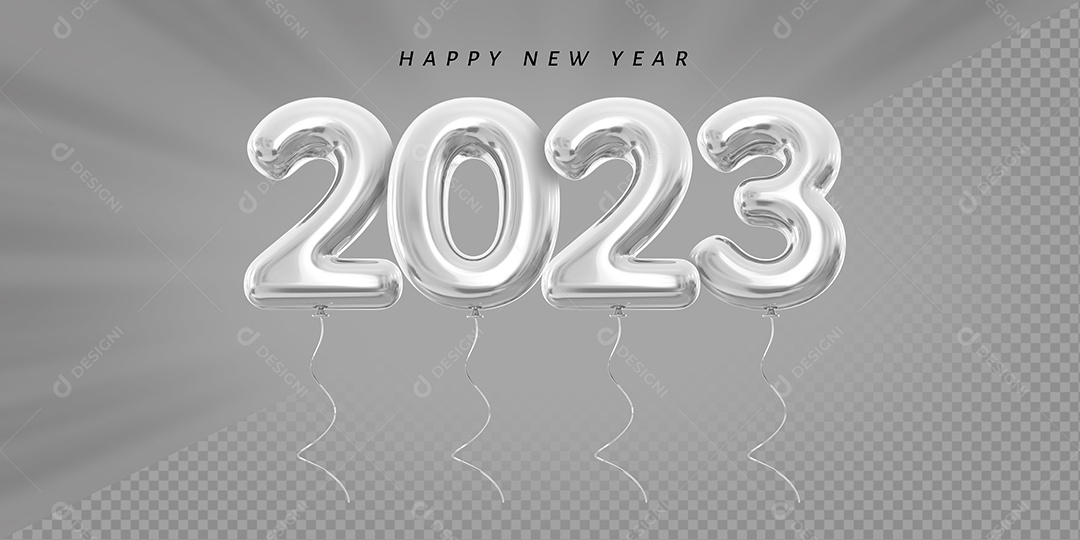 Balão Feliz Ano Novo Número 2023 Prata Elemento 3D para Composição PSD