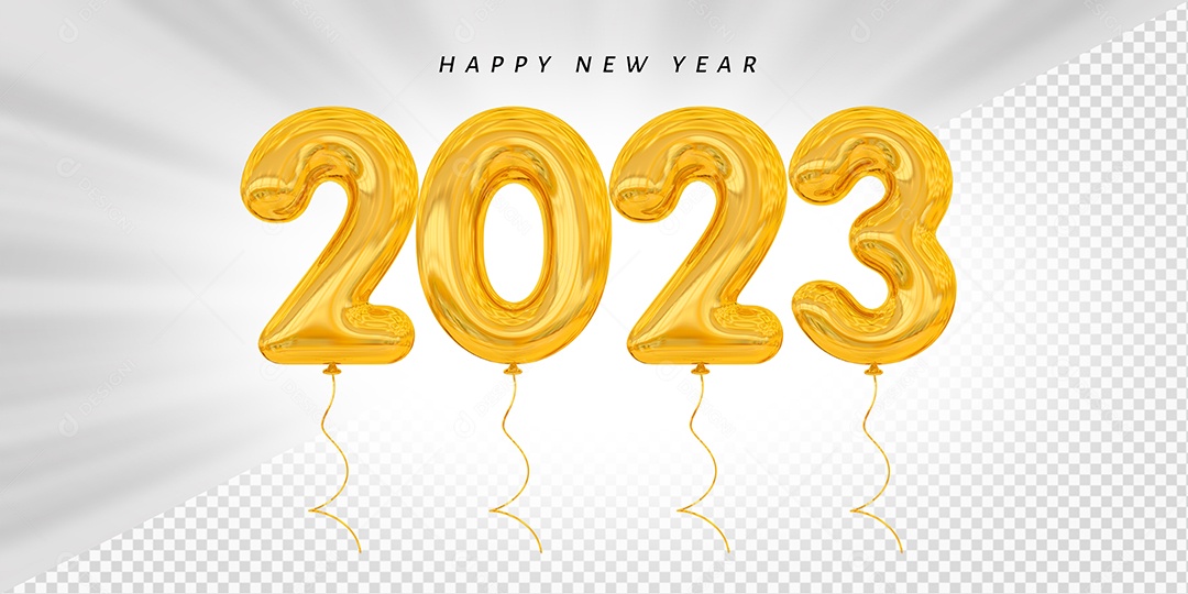 Balão Feliz Ano Novo Número 2023 Dourado Elemento 3D para Composição PSD