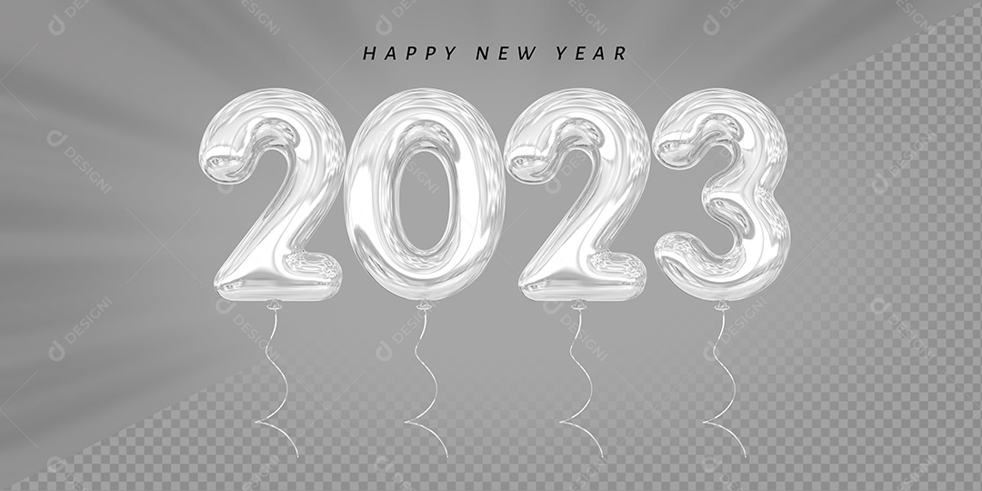 Balão Feliz Ano Novo Número 2023 Prata Elemento 3D para Composição PSD