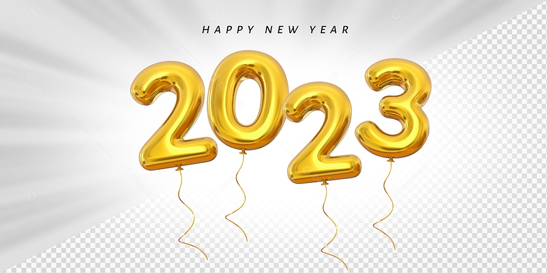Balão Feliz Ano Novo Número 2023 Dourado Elemento 3D para Composição PSD