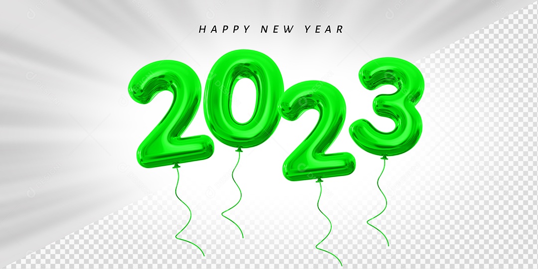 Balão Feliz Ano Novo Número 2023 Verde Elemento 3D para Composição PSD