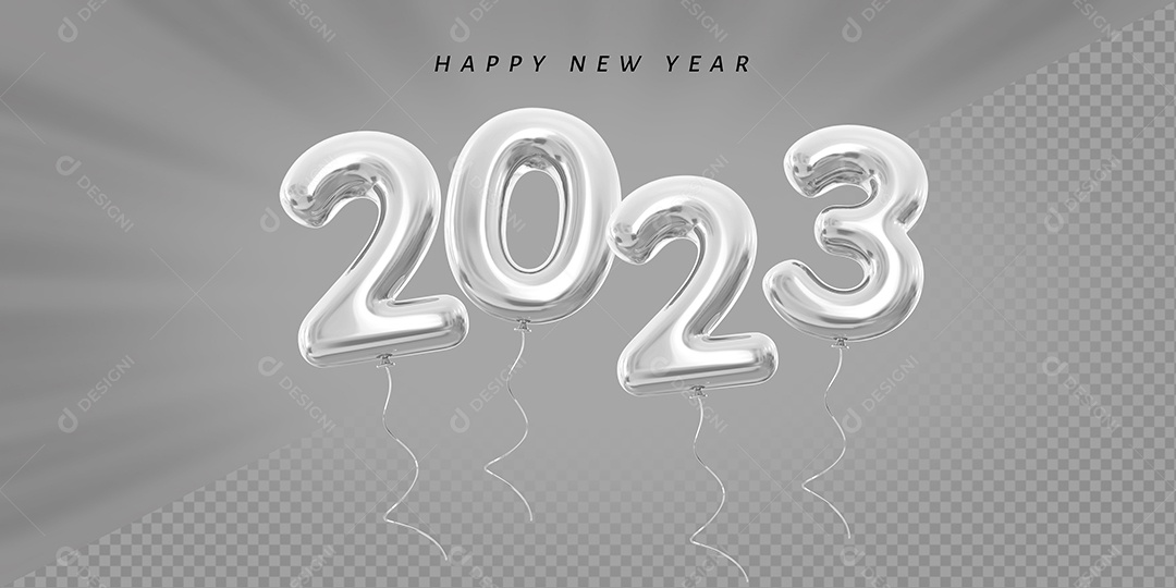 Balão Feliz Ano Novo Número 2023 Prata Elemento 3D para Composição PSD