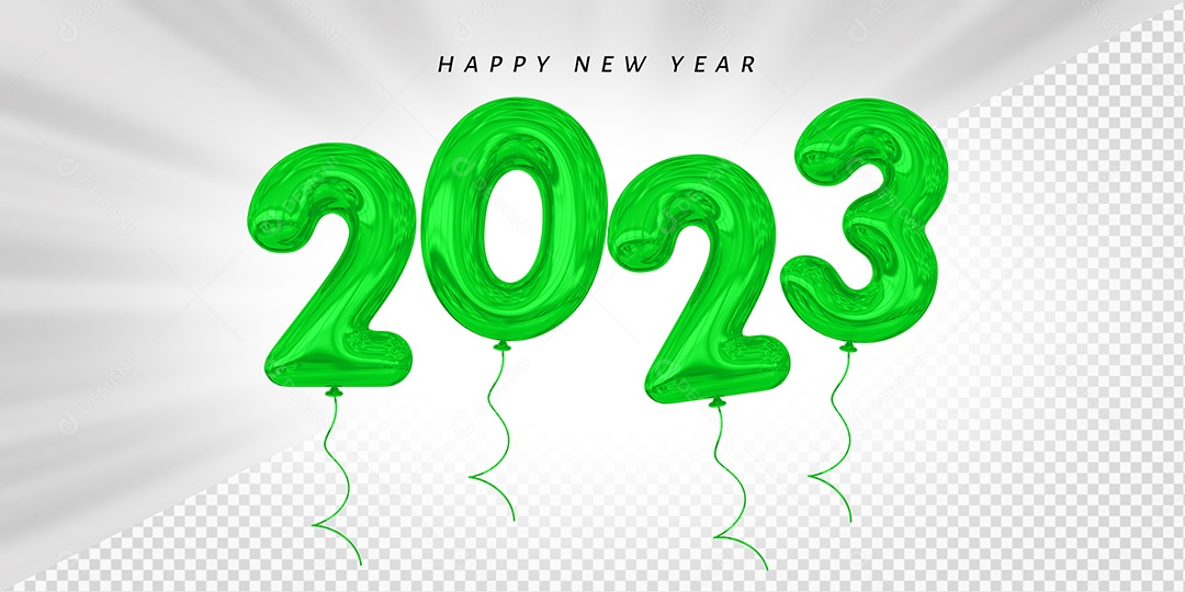 Balão Feliz Ano Novo Número 2023 Verde Elemento 3D para Composição PSD