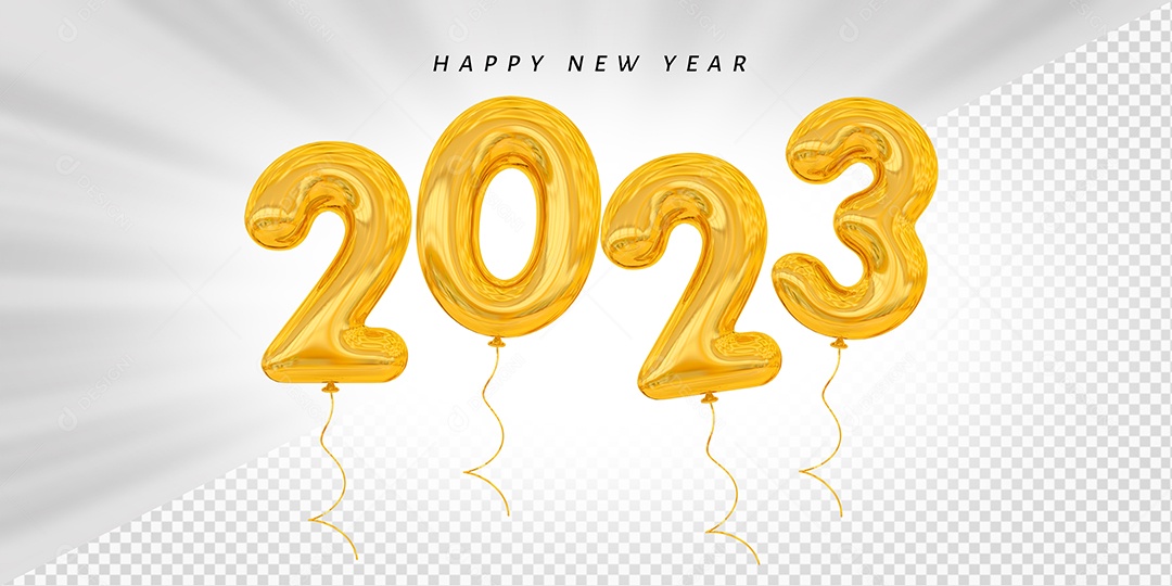 Balão Feliz Ano Novo Número 2023 Dourado Elemento 3D para Composição PSD