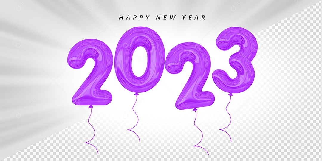 Balão Feliz Ano Novo Número 2023 Roxo Elemento 3D para Composição PSD