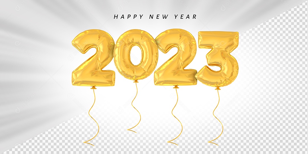 Balão Feliz Ano Novo Número 2023 Dourado Elemento 3D para Composição PSD