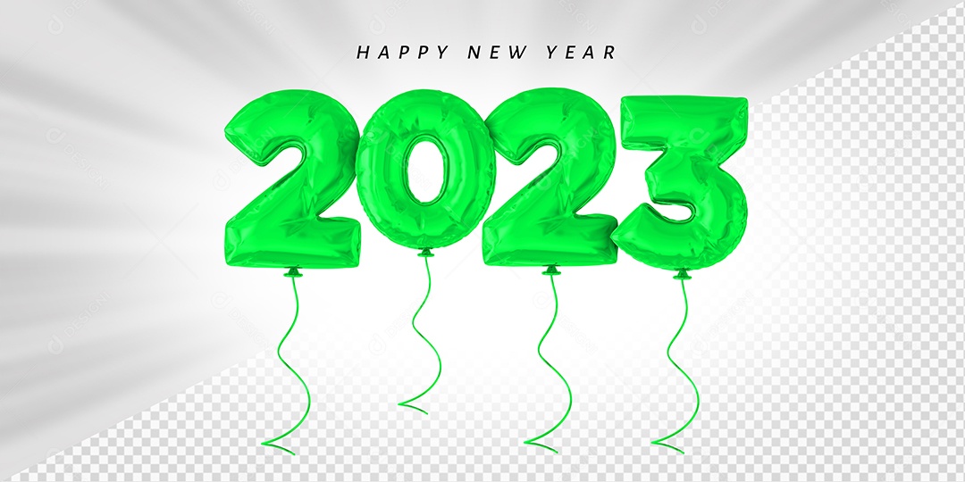 Balão Feliz Ano Novo Número 2023 Verde Elemento 3D para Composição PSD
