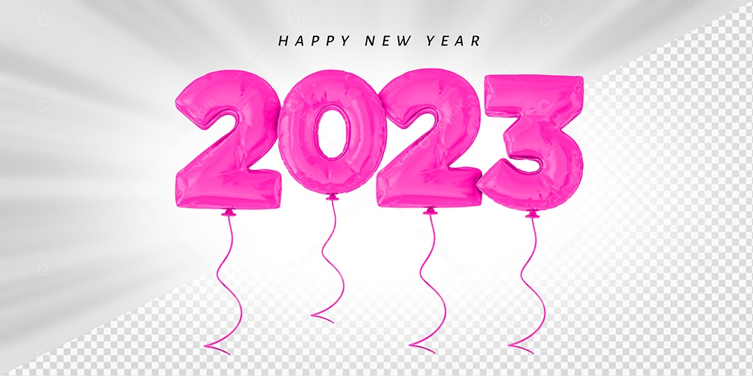 Balão Feliz Ano Novo Número 2023 Rosa Elemento 3D para Composição PSD