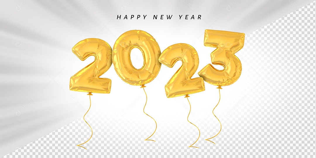 Balão Feliz Ano Novo Número 2023 Dourado Elemento 3D para Composição PSD