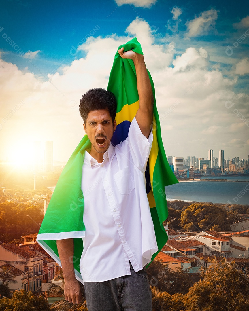 Dia da Independência do Brasil - Bonito jovem negro segurando a bandeira
