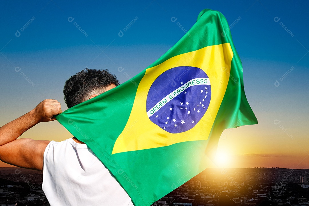 Homem segurando bandeira em manifestação de rua contra a corrupção no Brasil. Povos da democracia que encontram a foto do conceito.