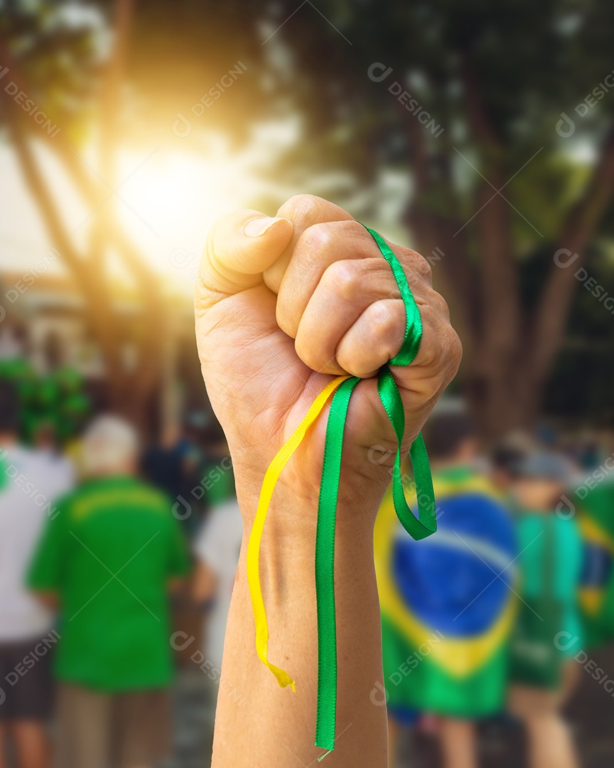 Mature Woman Holding Brazil Flag on Cinematic Background. For social media with copy space.