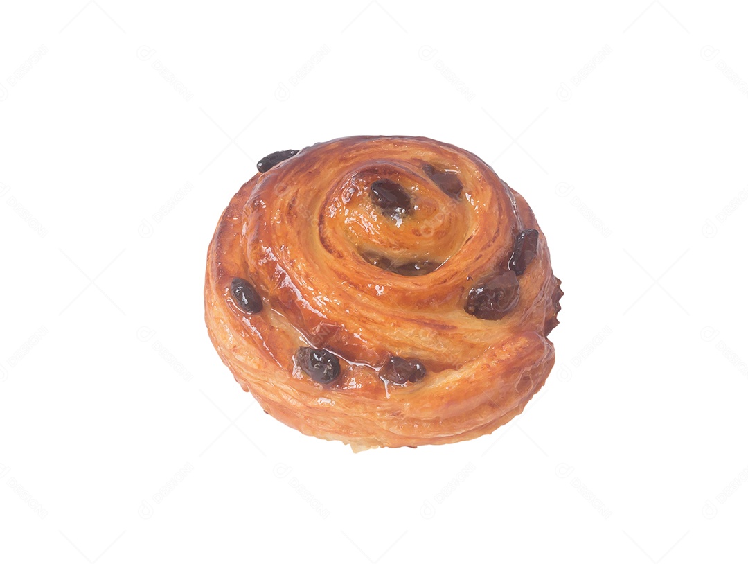 Pastelaria dinamarquesa em espiral ou pão doce com passas por cima em branco