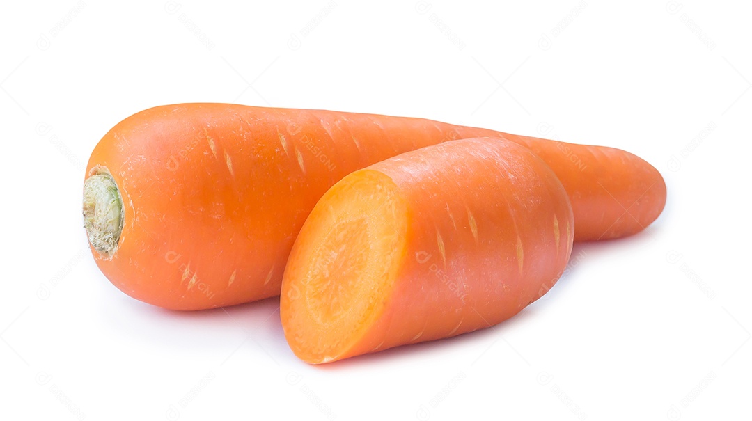 Two fresh orange carrots with slices are isolated on white background