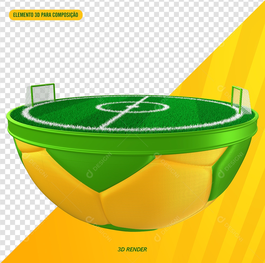 Elemento 3D Para Composição Campo de Futebol Sobre Bola Partida ao Meio PSD