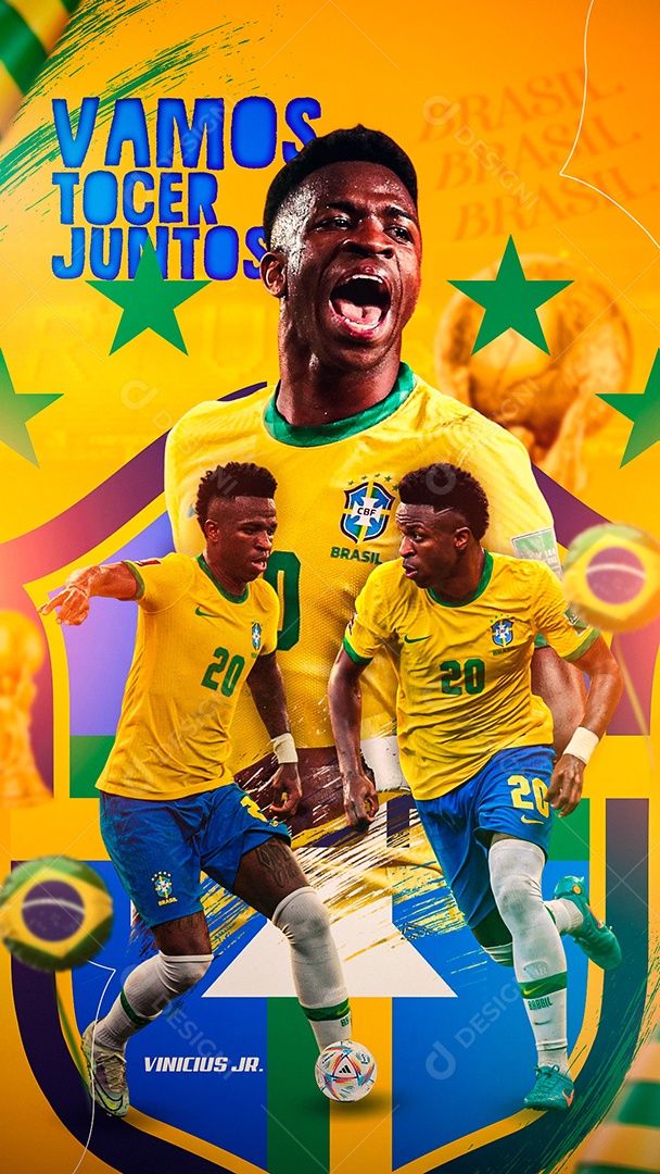 Story Vamos Torcer Juntos Jogador Vinicius JR Copa Mundo 2022 Social Media PSD Editável