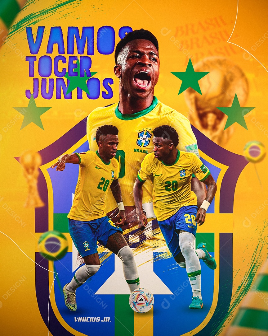 Vamos Torcer Juntos Jogador Vinicius JR Copa Mundo 2022 Social Media PSD Editável