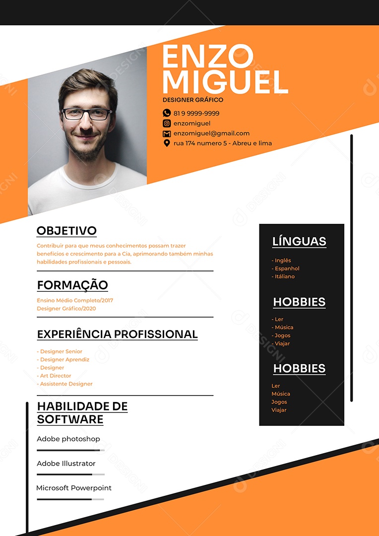 Modelo de Currículo Designer Gráfico PSD Editável