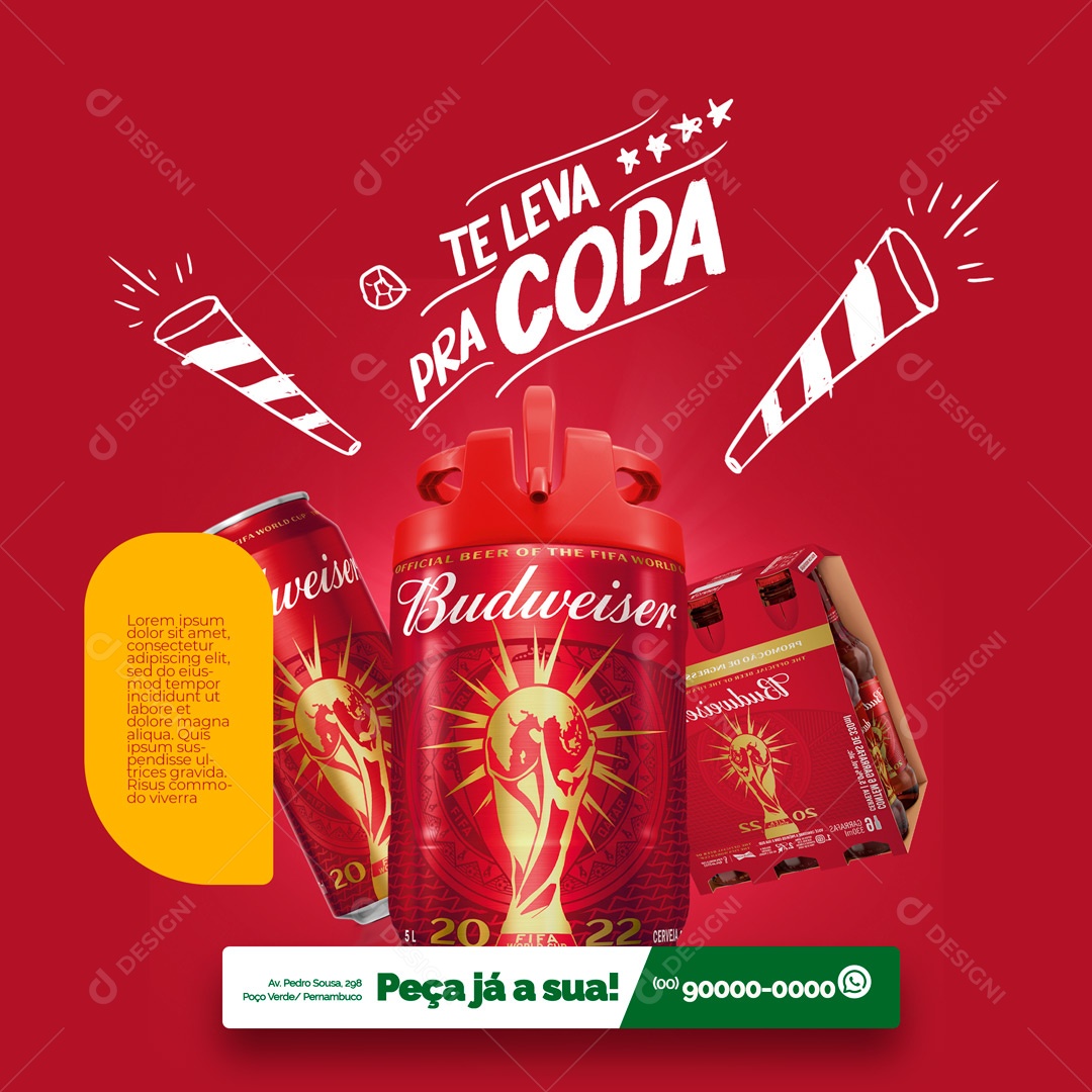 Te Leva para Copa Cerveja Budweiser Distribuidora de Bebidas Social Media PSD Editável