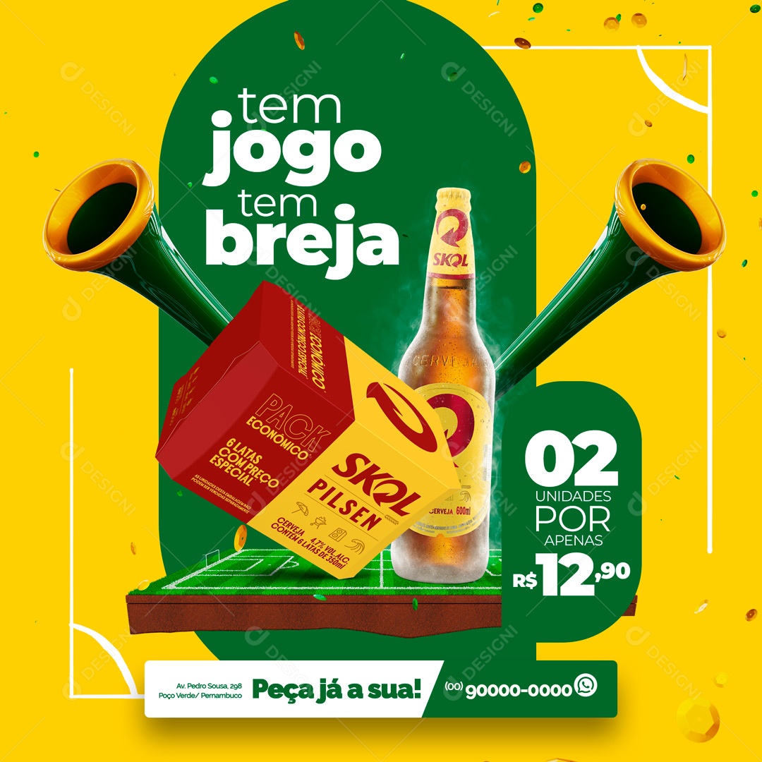 Tem Jogo tem Breja Pack Económico Skol Pilsen Distribuidora de Bebidas Social Media PSD Editável