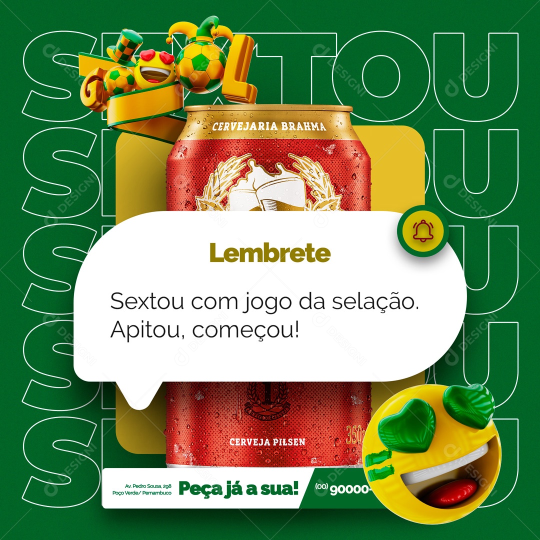 Lembrete Sextou com Jogo da Selão. Apitou Começou! Distribuidora de Bebidas Social Media PSD Editável