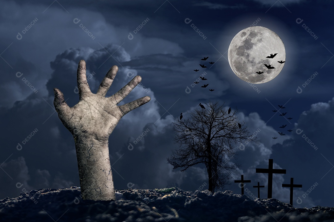 Férias de Halloween mão de cabaça na frente da grande lua com uma nuvem abaixo Na noite com uma estrela cheia de azul