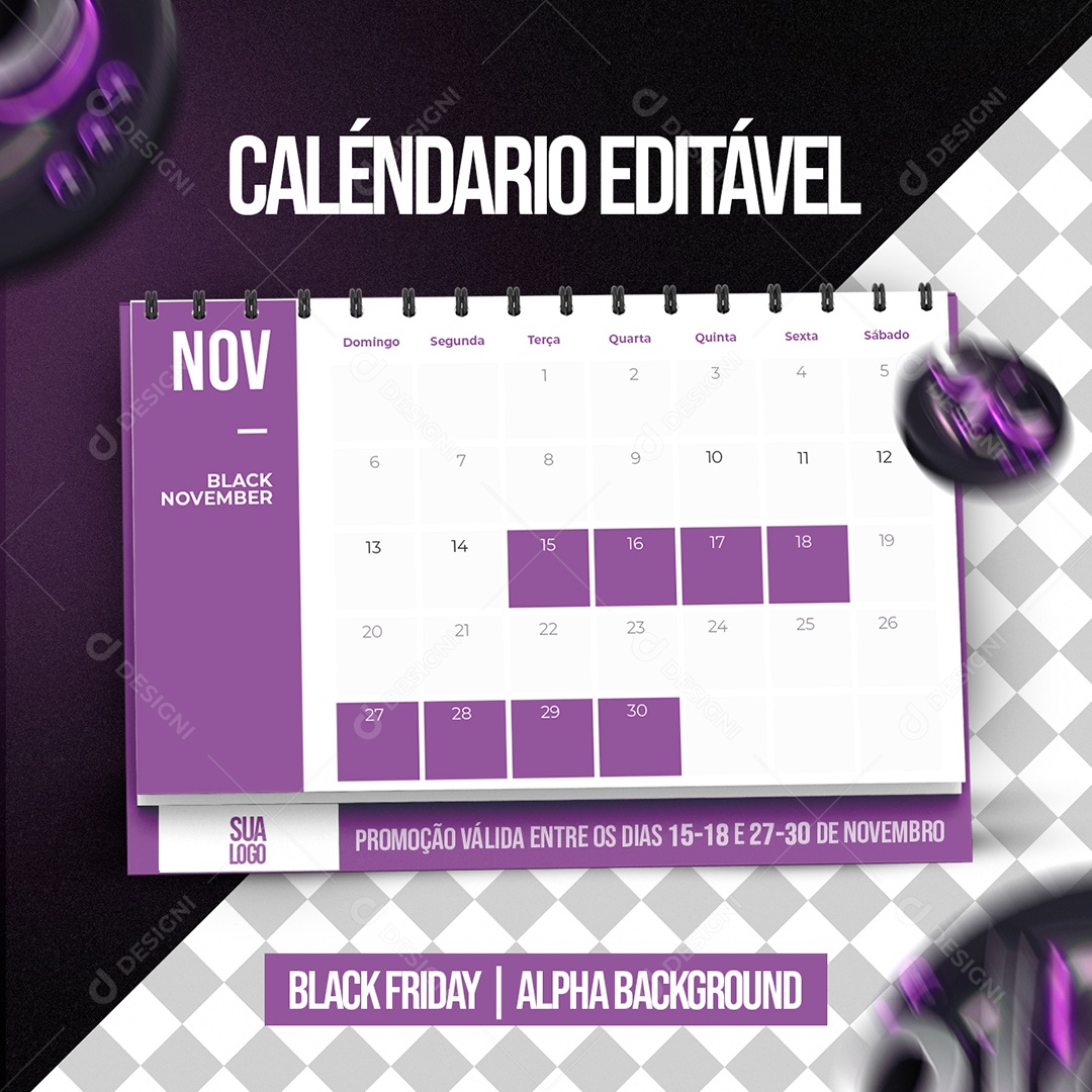 Calendário Black November Social Media PSD Editável