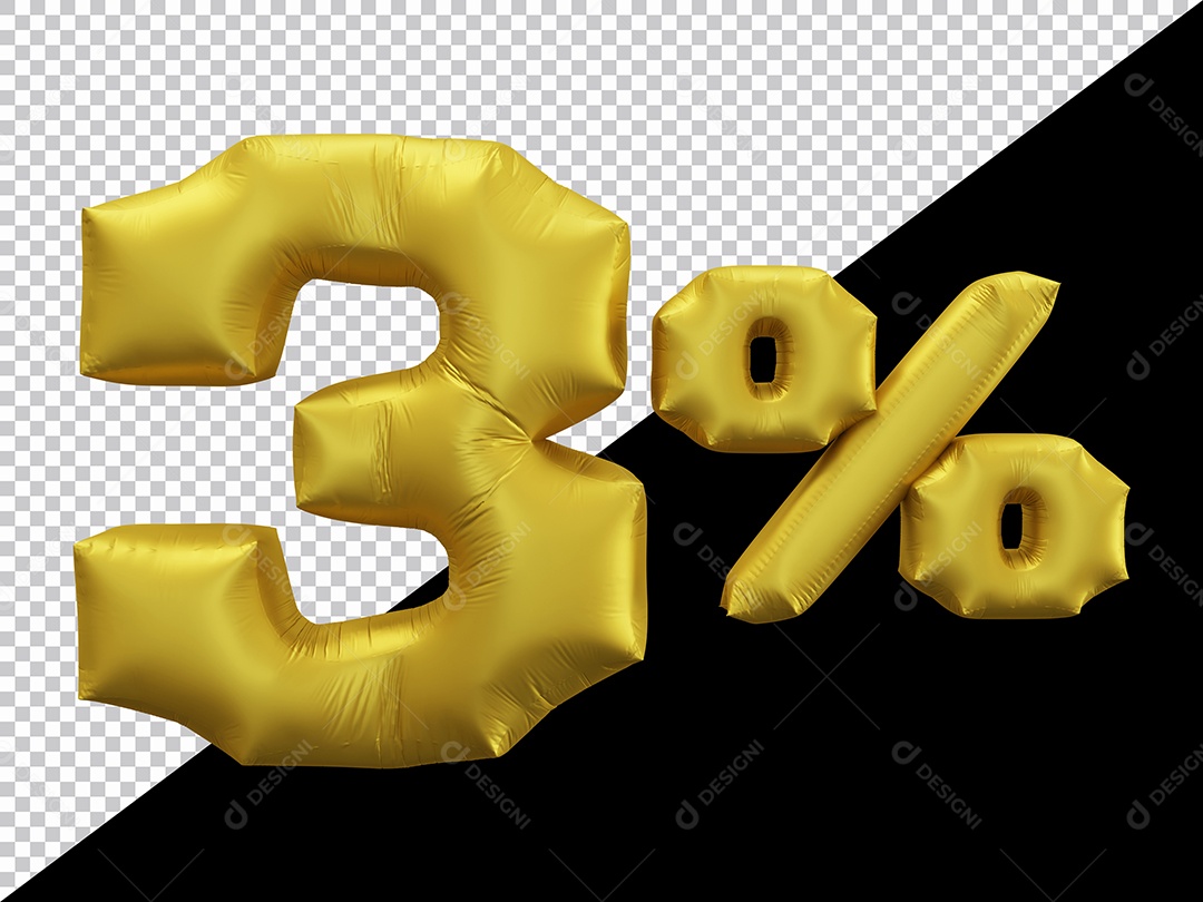 Balão 3D Número 3% por cento Dourado Elemento Para composição PSD