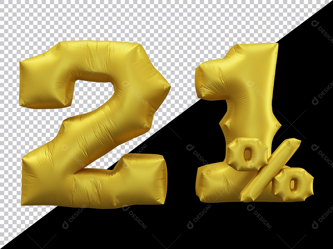 Balão 3D Número 21% por cento Dourado Elemento Para composição PSD