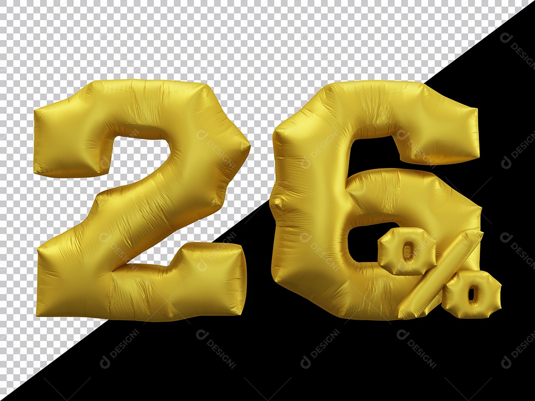 Balão 3D Número 26% por cento Dourado Elemento Para composição PSD