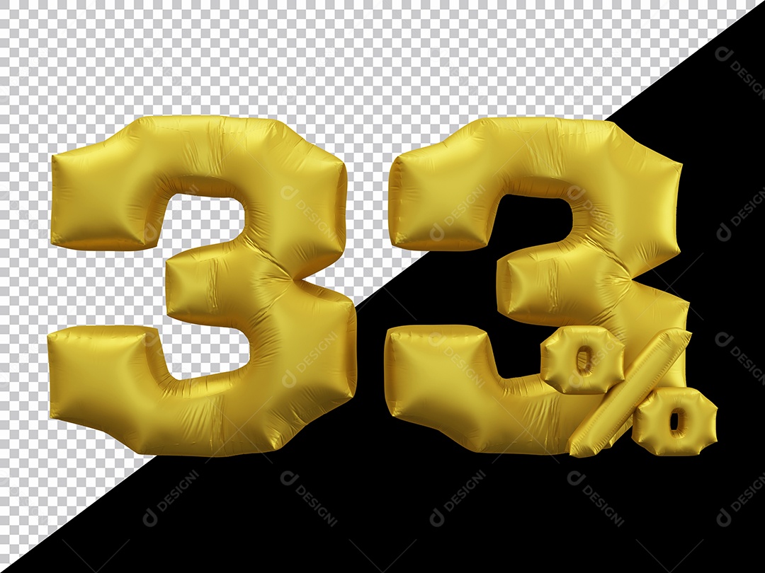 Balão 3D Número 33% por cento Dourado Elemento Para composição PSD